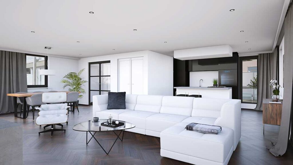 People examining a home's living room and checking for visible damage on the walls and ceiling.