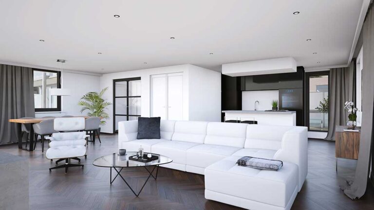 People examining a home's living room and checking for visible damage on the walls and ceiling.